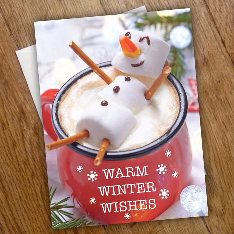 Canopy Street Cocoa Snowman Holiday Card Pack / 25 Winter Wishes Cards Set/Hot Chocolate Marshmallows Greeting With Inside Verse / 4 5/8" x 6 1/4" Cozy Christmas Cards With White Envelopes - Image 4